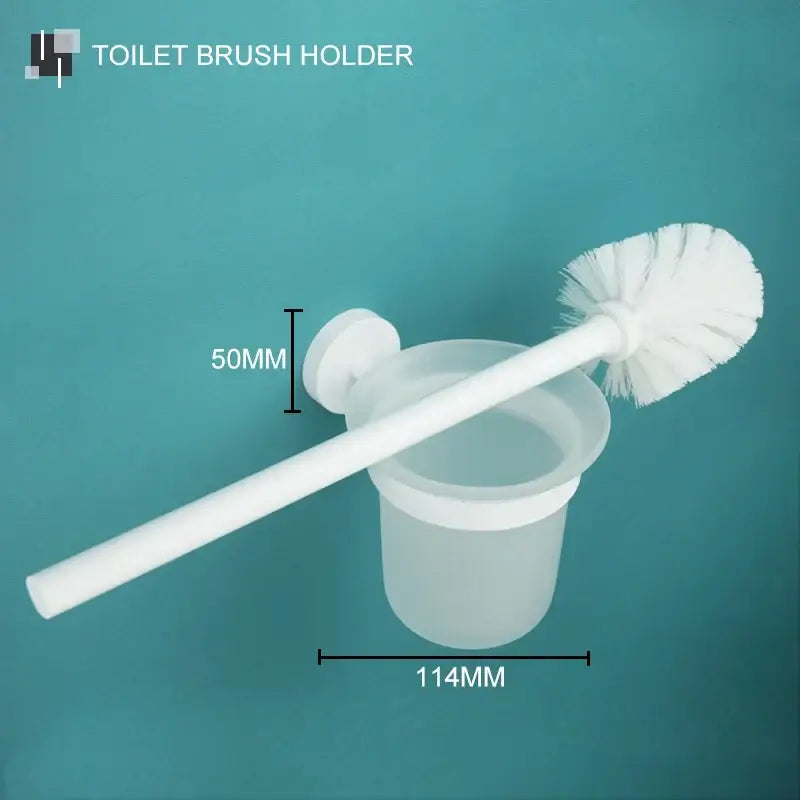 Modern white matte metal decorbites bathroom accessory set with white plastic toilet brush and frosted translucent holder