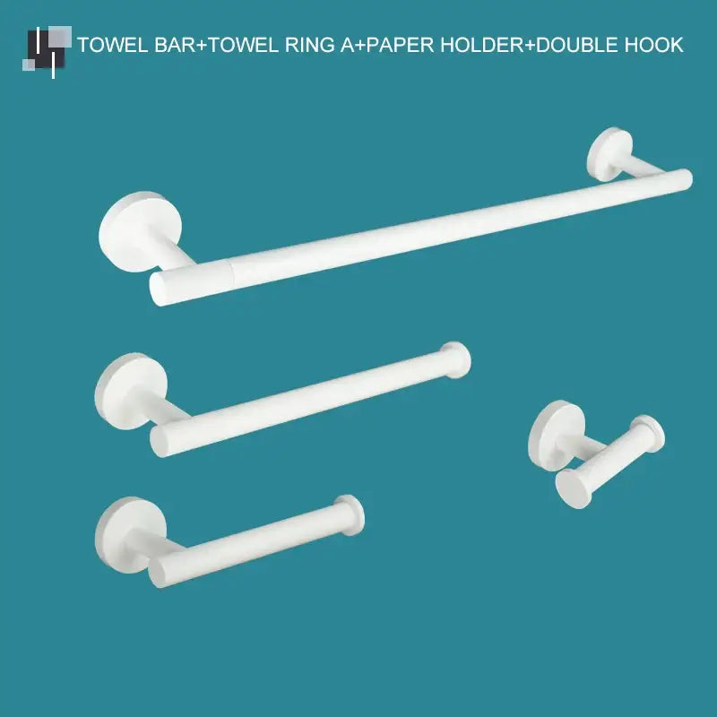 Modern white matte metal towel bar with circular wall base and smooth cylindrical design from decorbites bathroom accessory set