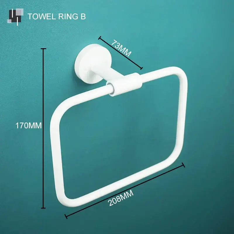 Modern white matte metal towel ring with circular base and rectangular loop in decorbites bathroom accessory set