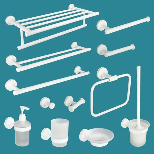 Modern white matte metal bathroom accessory set with frosted glass components by decorbites bathroom accessory collection