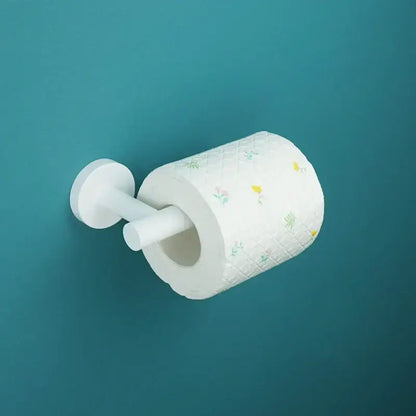 Modern white matte metal bathroom accessory set with white floral and yellow bee patterned toilet paper roll decorbites bathroom accessory