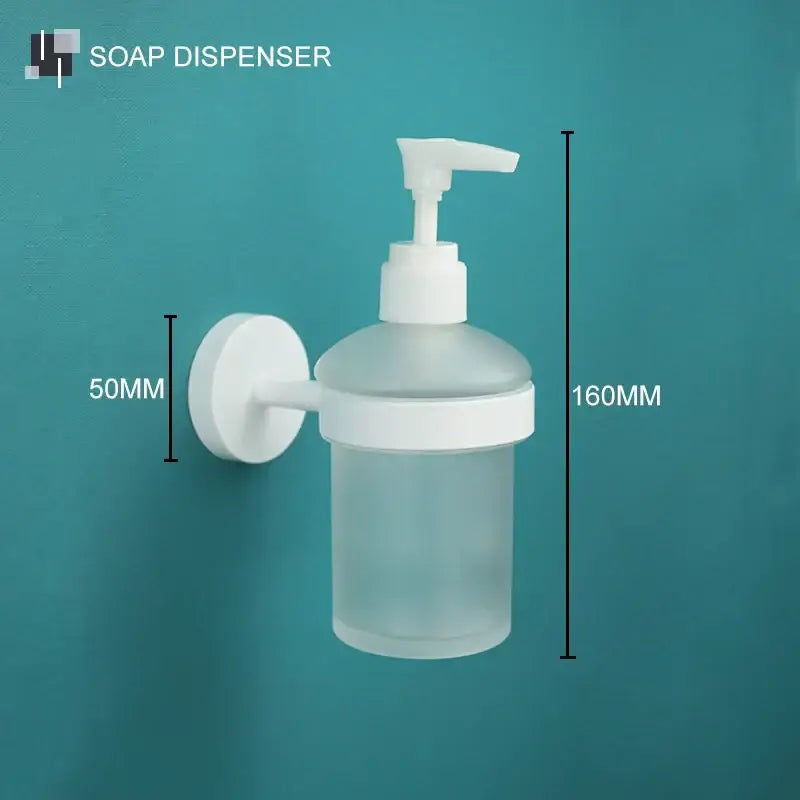 Modern white matte metal bathroom accessory set featuring a white wall-mounted frosted glass soap dispenser decorbites bathroom accessory