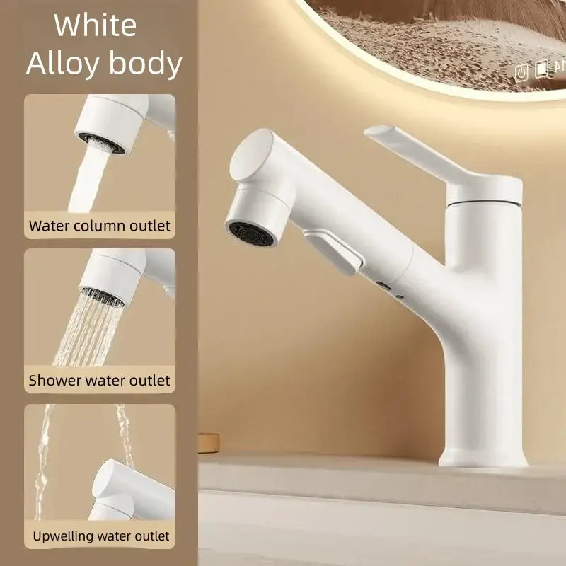 Modern white matte pull-out decorbites basin faucet with sleek design and multiple water outlets including shower head