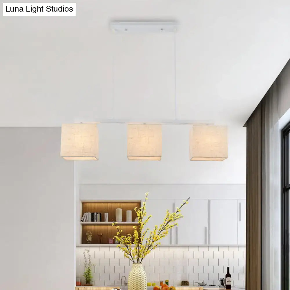 Decorbites modern white fabric island light fixture with three rectangular shades for kitchen ceiling lighting