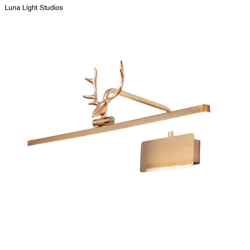 Modern white metal vanity wall lamp with gold-toned deer-head and sleek rectangular light fixture for bathroom vanity wall
