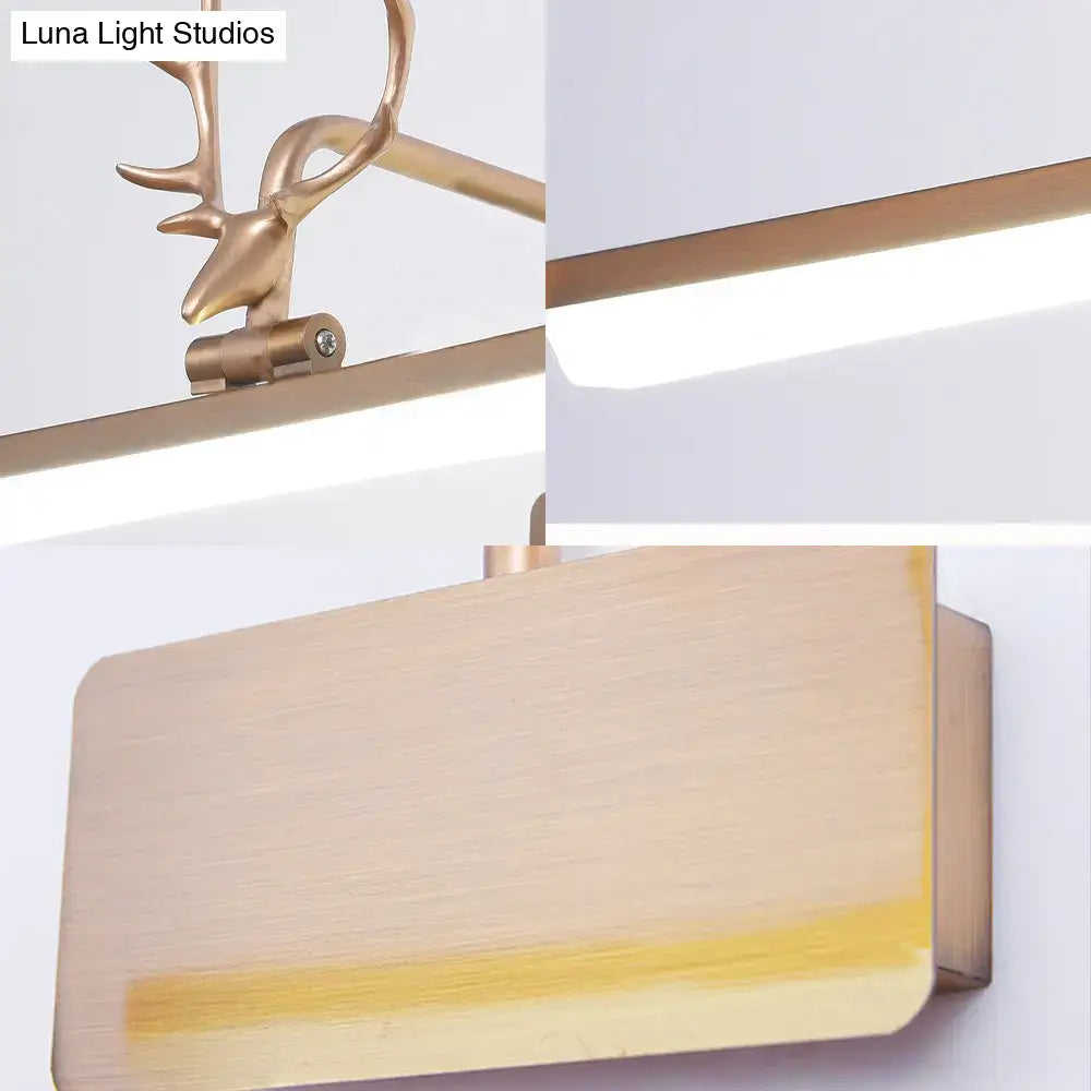 Gold-toned deer-head vanity wall lamp with brushed metal finish and rectangular LED panel for modern bathroom vanity wall use