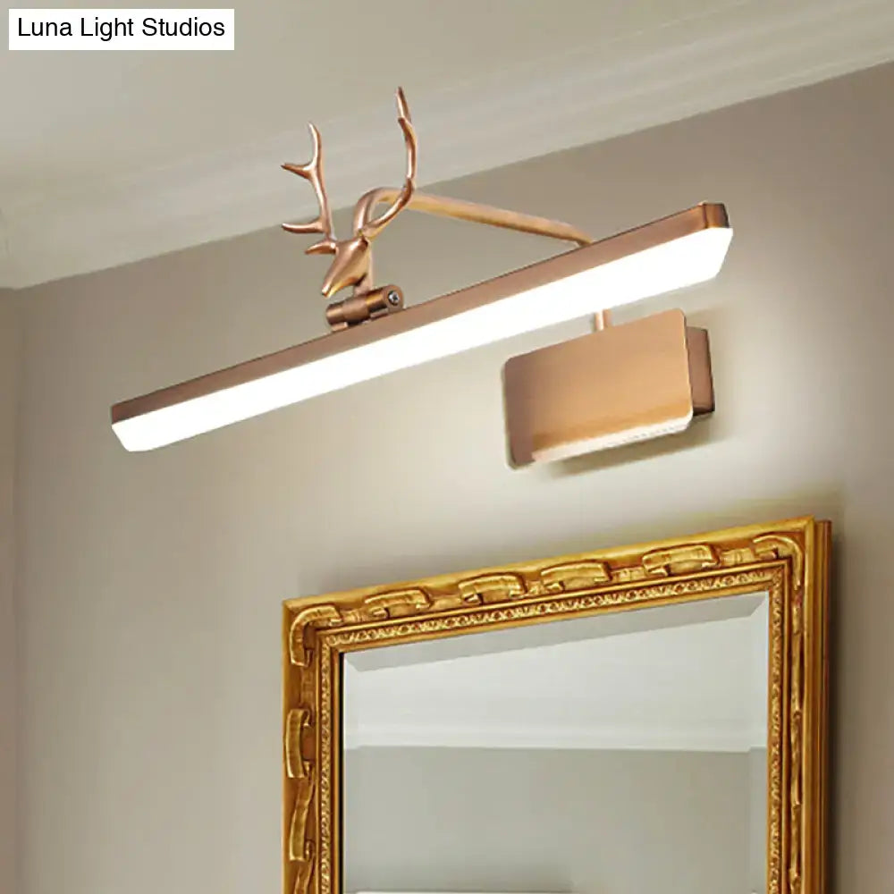 A sleek modern white metal vanity wall lamp with bronze deer head design and rectangular led light for bathroom use