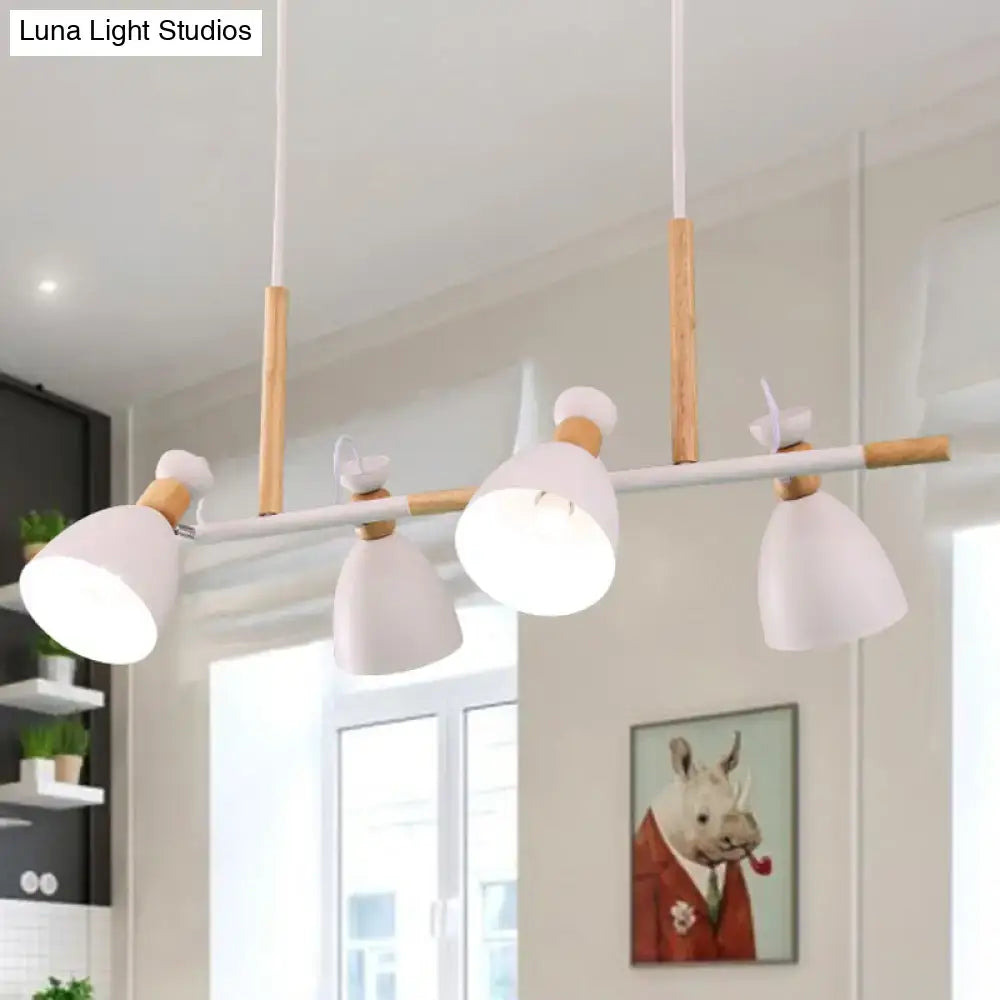 Modern white pendant light with wooden accents and three adjustable heads for dome shade island chandelier use