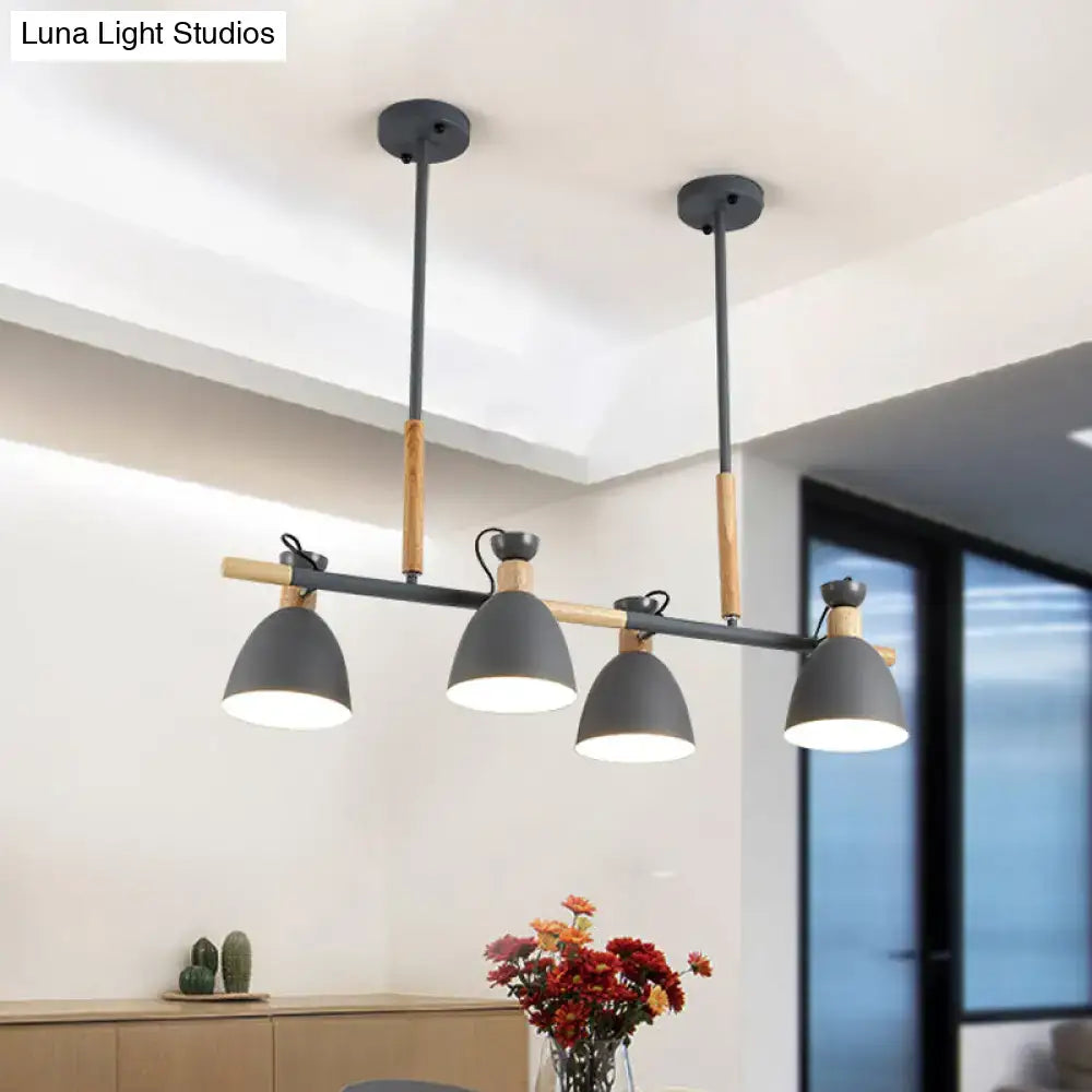 Modern black and wood metal dome shade island chandelier with four matte gray conical shades in nordic style