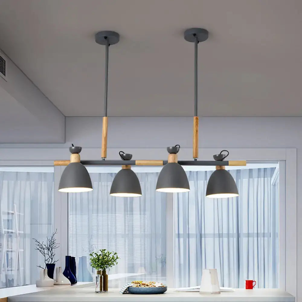 Modern gray metal dome shade island chandelier with wooden accents and teacup-shaped fixtures by decorbites