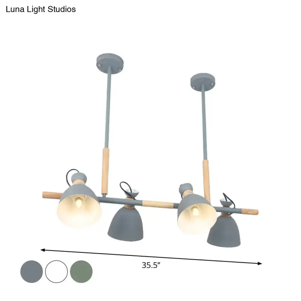 Modern gray and wood-toned metal dome shade island chandelier with four adjustable lamps for nordic style lighting