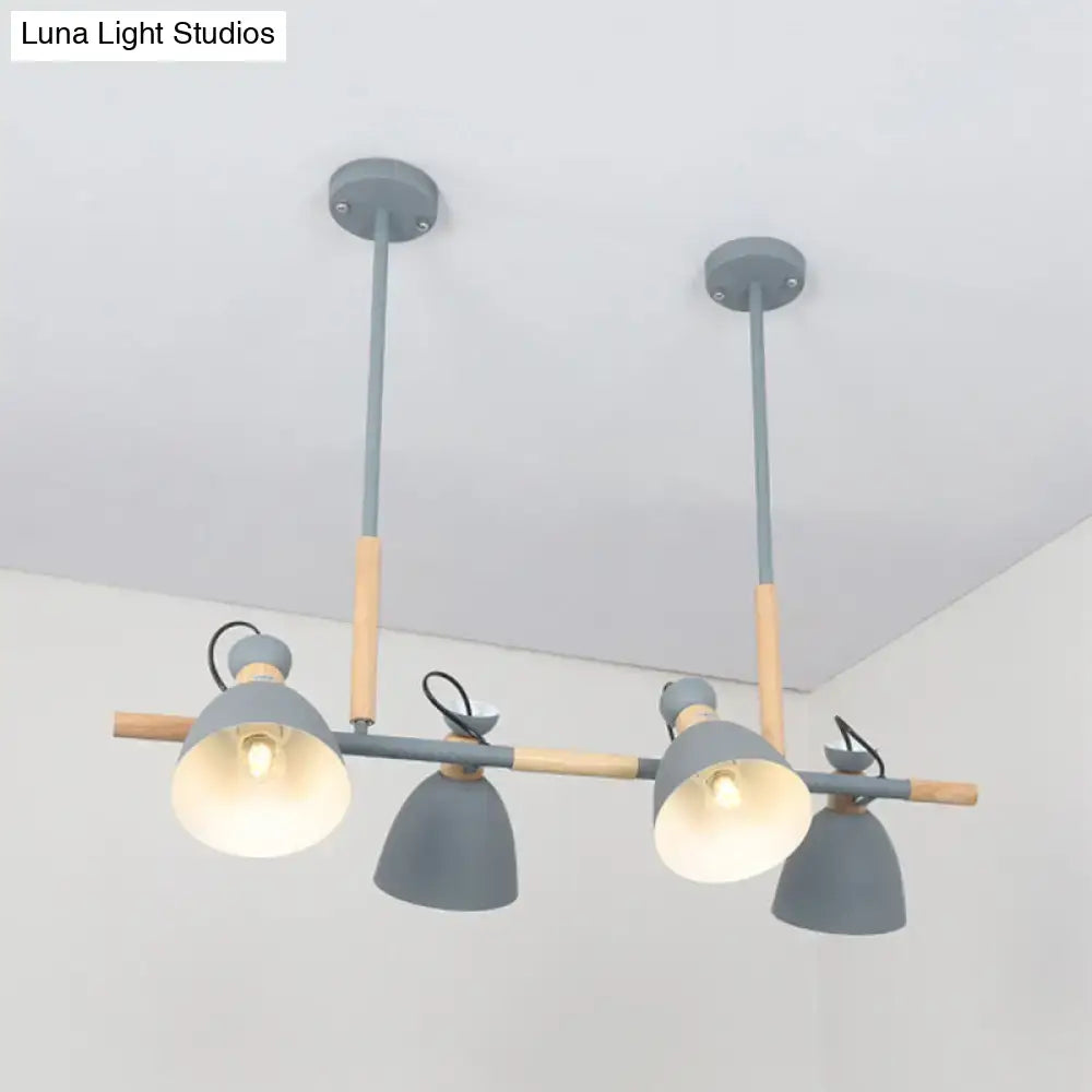Modern gray metal dome shade island chandelier with four adjustable dome shades in wood and metal finish by DecorBites