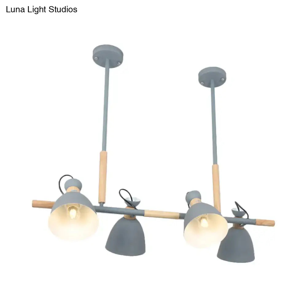 Modern gray and wood-toned metal dome shade island chandelier with four adjustable dome shade heads for kitchen island lighting