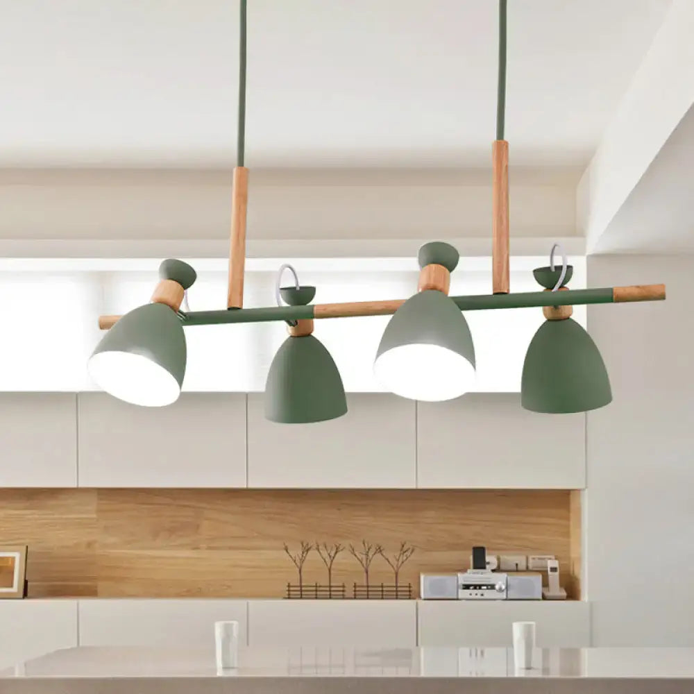 Modern green metal dome shade island chandelier with wooden accents and minimalist design for kitchen islands