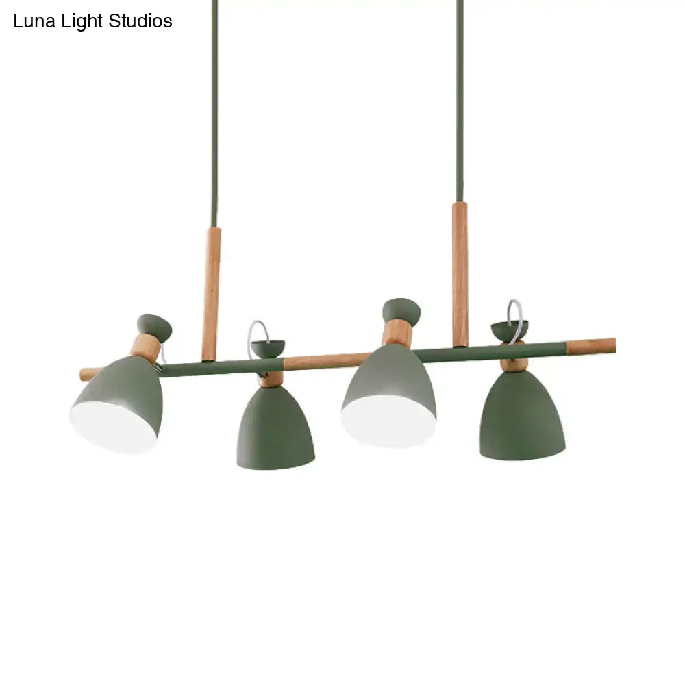 Modern olive green metal dome shade island chandelier with wooden accents and four adjustable lamp heads by DecorBites