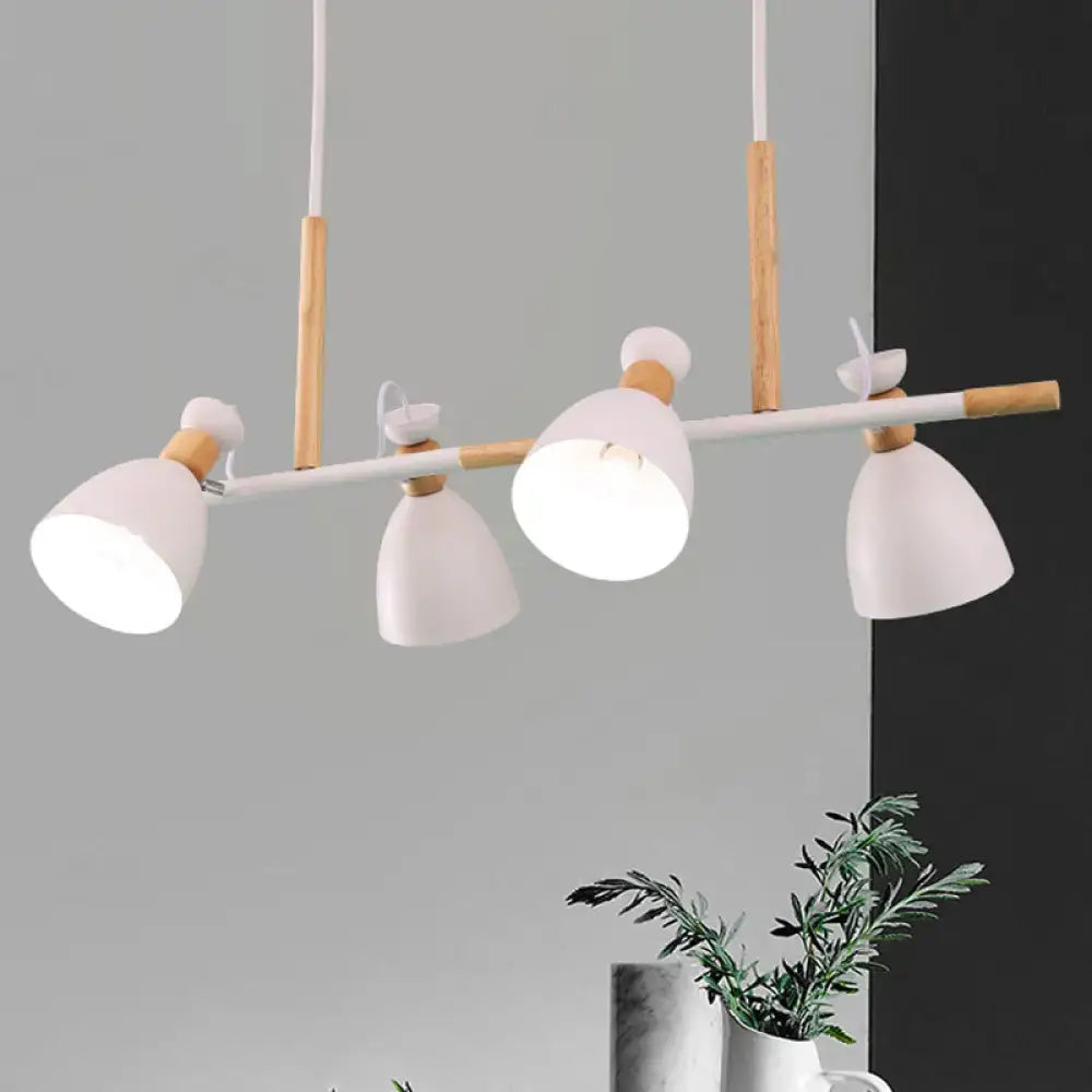 Modern white and wood-toned metal dome shade island chandelier with three adjustable spotlight heads for nordic style lighting