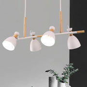 Modern white and wood-toned metal dome shade island chandelier with three adjustable spotlight heads for nordic style lighting