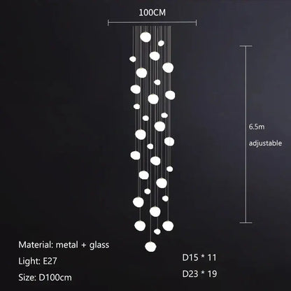 Modern white minimalist pendant lights with adjustable 100cm cascade of cobblestone glass orbs for villa staircase decorbites cobblestone glass led
