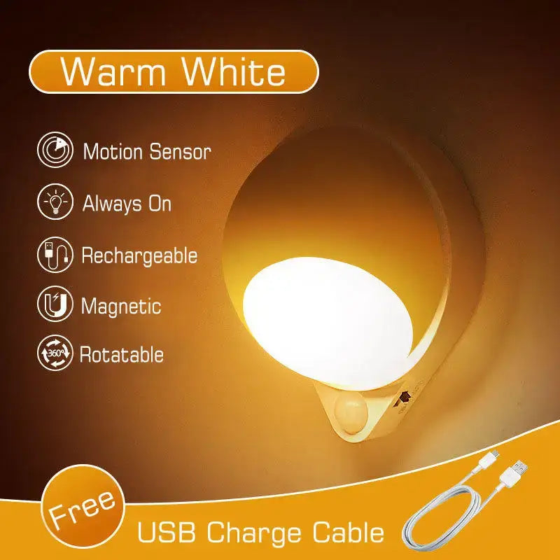 Modern white warm white rechargeable led night light with rotating magnet design for bedroom use