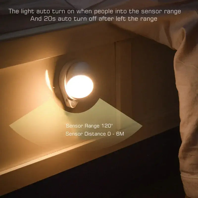 Warm white led night light with sleek circular design and rotating magnet mounted on a bedroom wall for motion sensing