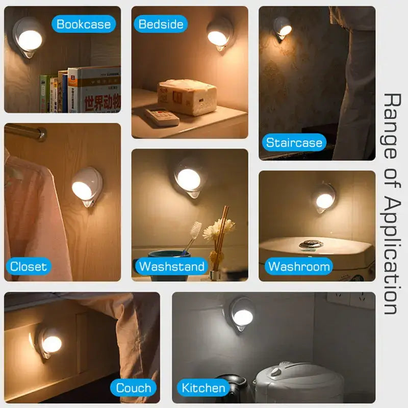 Modern white adhesive-backed night light with soft glow and adjustable rotating magnet for versatile indoor use
