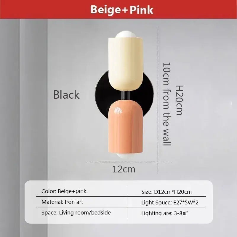 Beige and pink modern wall lamp with black iron base for bedroom decorbites cream 2head macaron wall sconce