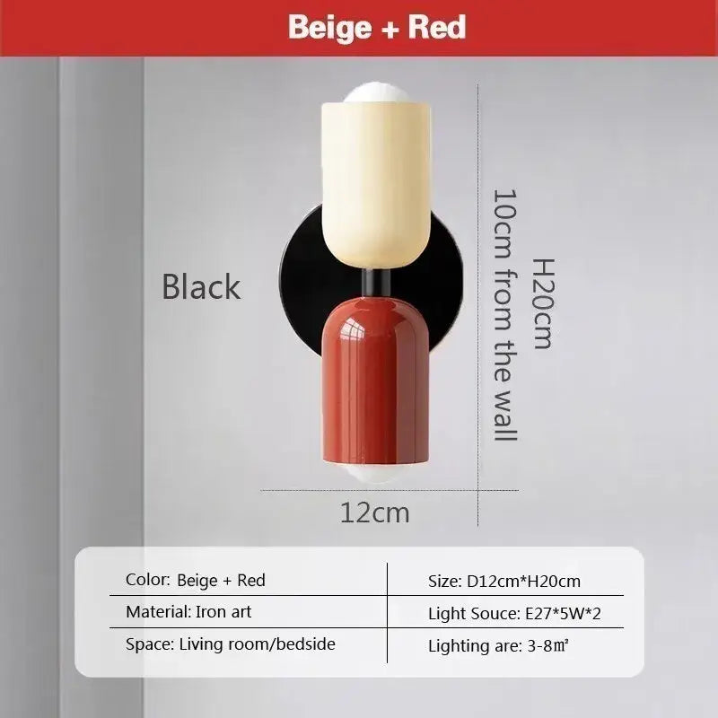 Modern wall lamp cream 2head macaron with beige cylindrical upper and glossy red lower iron art decorbites cream 2head sconce