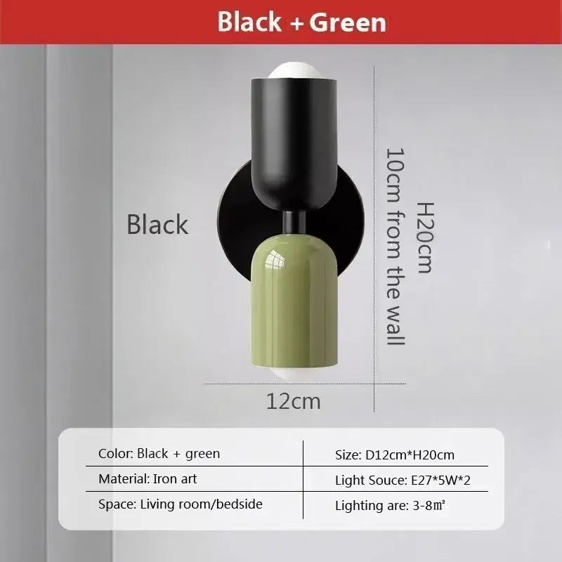Modern white and olive green cream 2head macaron wall lamp with black and green iron art sconce for bedroom decorbites