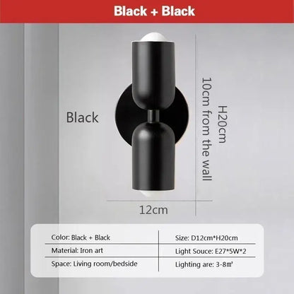 Black iron art wall lamp with two cylindrical shades for modern white and olive green cream 2head macaron decorbites bedroom sconce