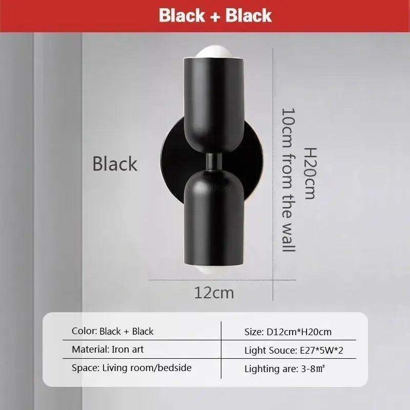 Black iron art wall lamp with two cylindrical shades for modern white and olive green cream 2head macaron decorbites bedroom sconce