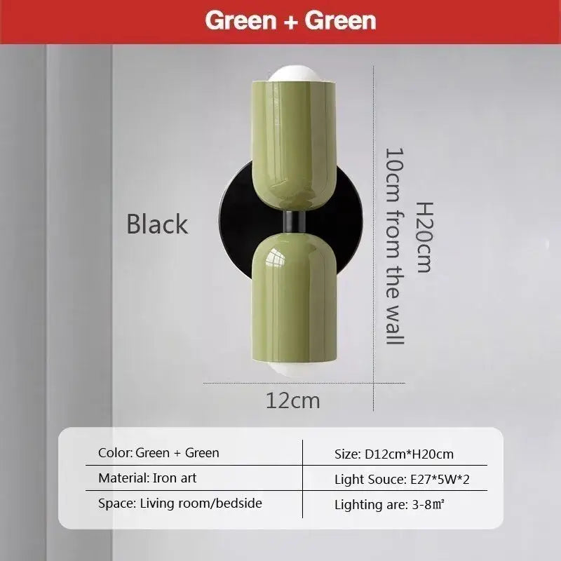 Modern white and olive green macaron wall lamp crafted from iron art with green double-bulb sconce and black mount for decorbites cream 2head