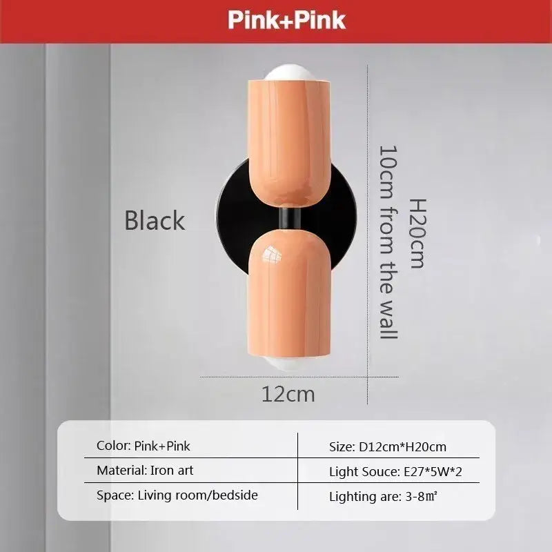 Modern wall lamp pink cylindrical iron art sconce with black base for bedroom decorbites cream 2head macaron