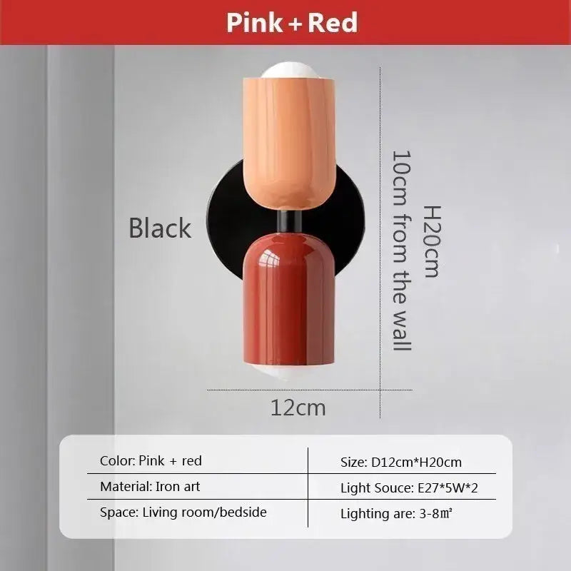 Pink and red iron art wall lamp with black circular base for modern white and olive green cream 2head macaron decorbites decor
