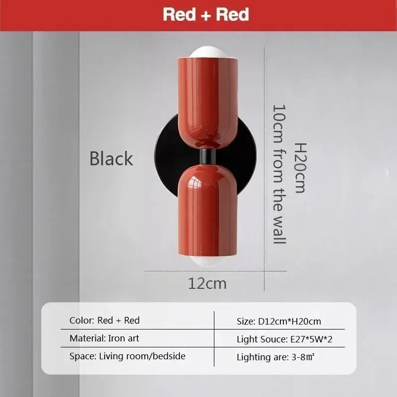 Red dual-bulb iron art wall lamp with black circular mount for modern white and olive green cream 2head macaron decorbites bedroom sconce