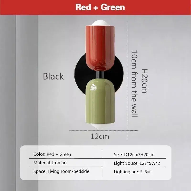Modern white and olive green macaron wall lamp bedroom sconce with red and green iron art two-tiered design and black mount plate