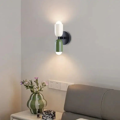 Modern white and olive green macaron wall lamp with matte black base featuring decorbites cream 2head macaron shades