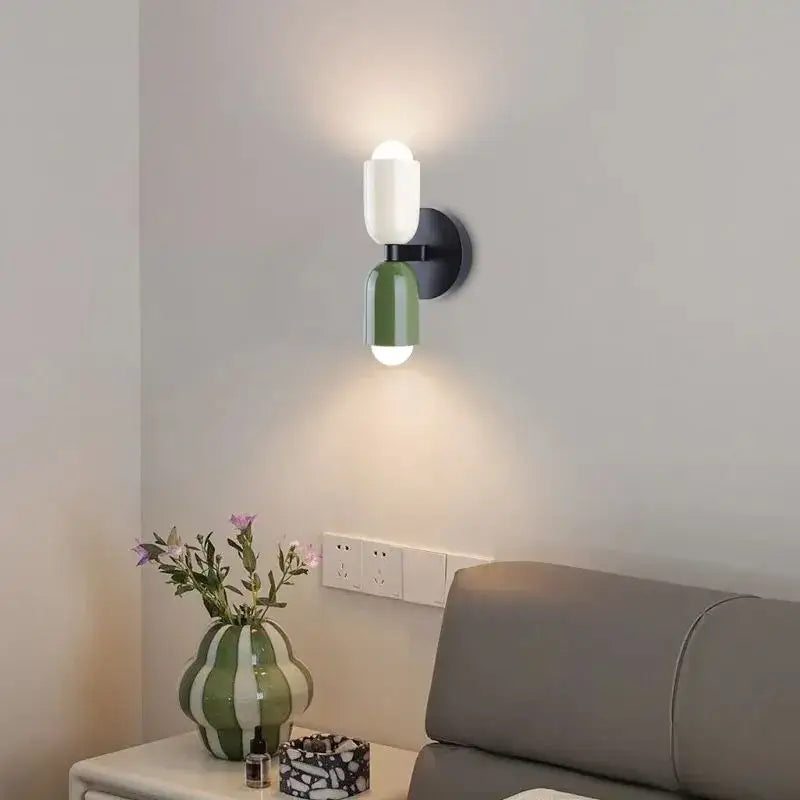 Modern white and olive green macaron wall lamp with matte black base featuring decorbites cream 2head macaron shades