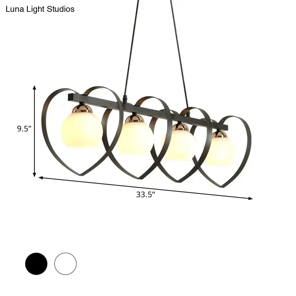Black metal chandelier with four heart-shaped frames and frosted glass globe bulbs compatible with e26 e27 bulb base 110v-120v