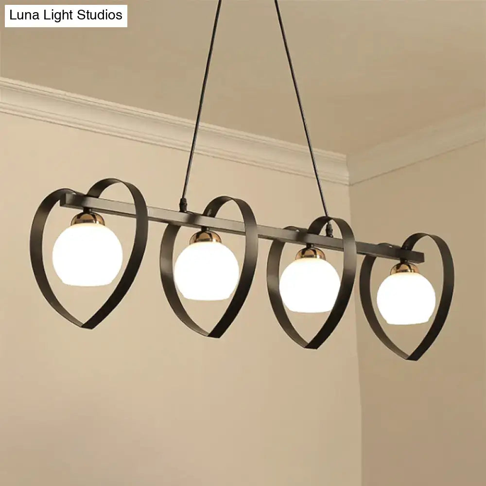 Black metal chandelier with four heart-shaped frames and opal glass bulbs compatible with e26 e27 bulb base 110v-120v