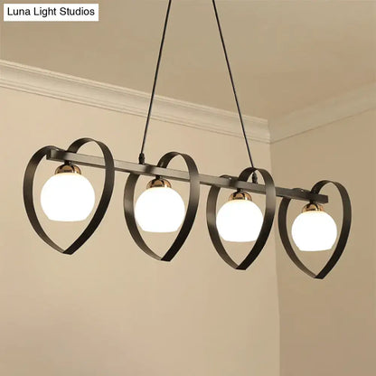 Black metal chandelier with four heart-shaped frames and opal glass bulbs compatible with e26 e27 bulb base 110v-120v