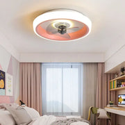 Modern white and orange circular ceiling fan light with integrated lighting for bedroom use featuring orange inner glow