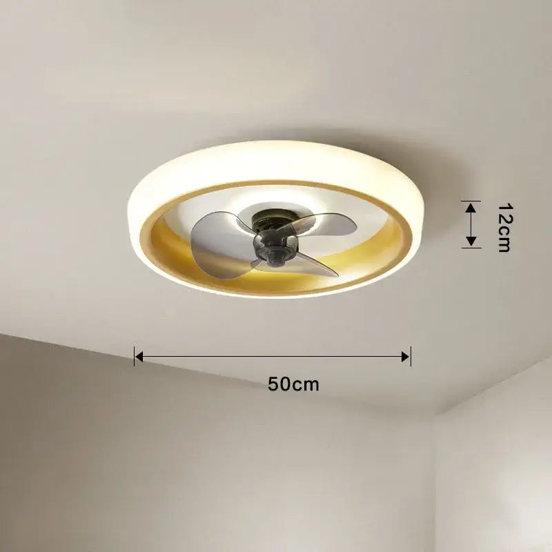 Modern white and orange circular ceiling fan light with integrated lighting and gold accent for bedroom use