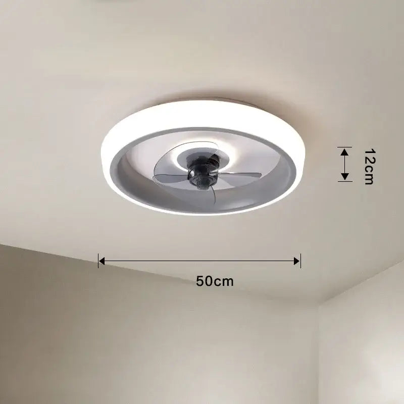 Modern white and orange circular ceiling fan light with integrated led lighting and translucent gray inner housing for bedroom