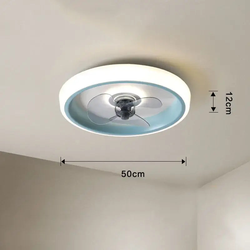 Modern white and orange circular ceiling fan light with translucent blue blades for bedroom ceiling fan light use