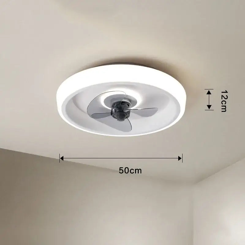 Modern white and orange circular ceiling fan light with silver blades and integrated led lighting for bedroom use