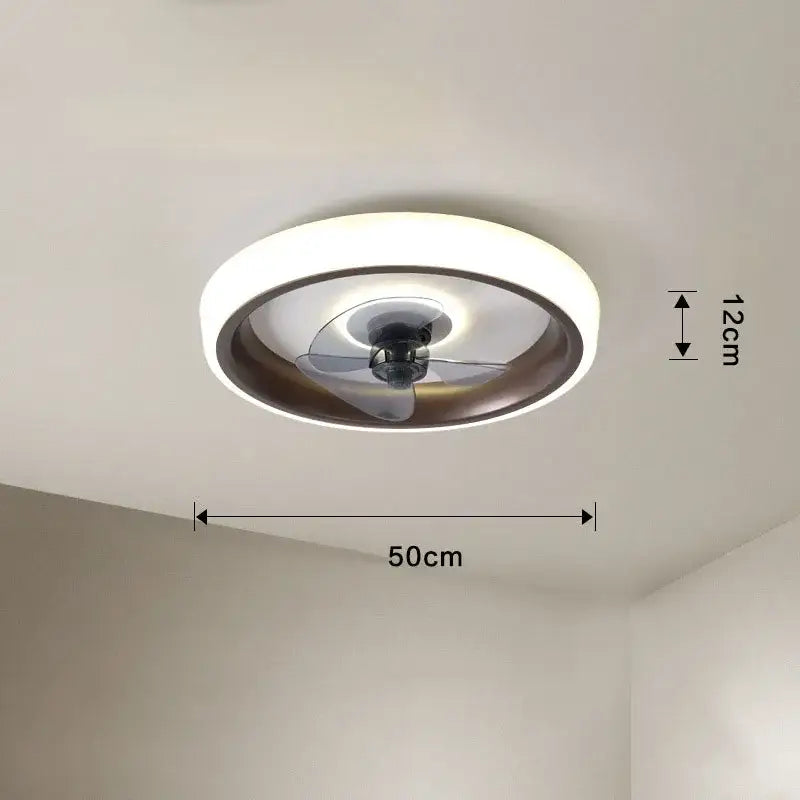 Modern white and orange circular ceiling fan light with integrated led in sleek white and dark metallic frame for bedroom
