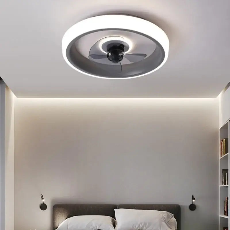 Modern white and orange circular ceiling fan light with integrated led lighting and sleek gray inner housing for bedroom use