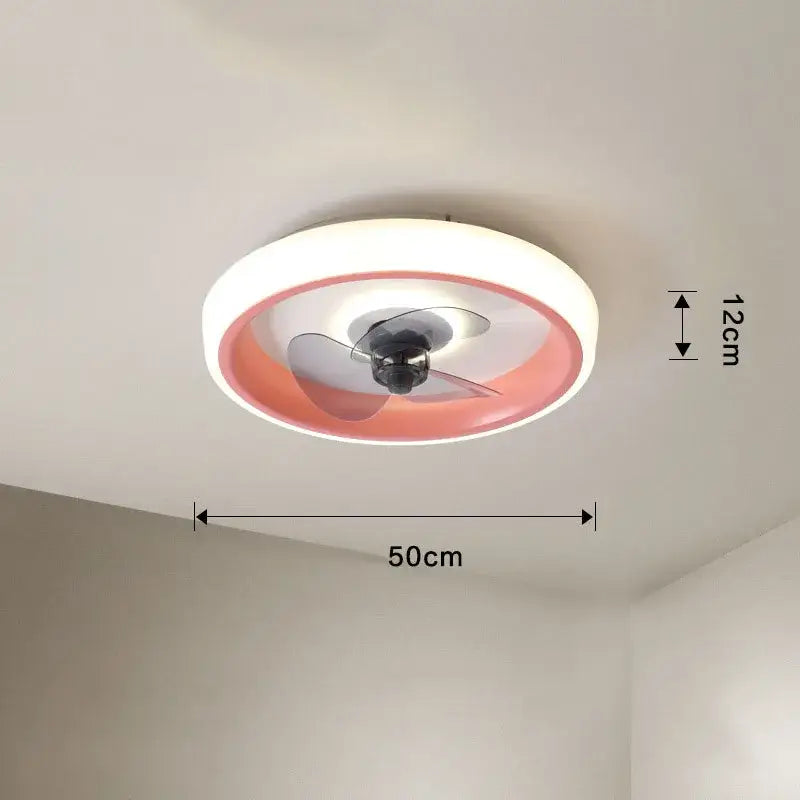 Modern white and orange circular ceiling fan light with a rounded design and translucent blades for bedroom use