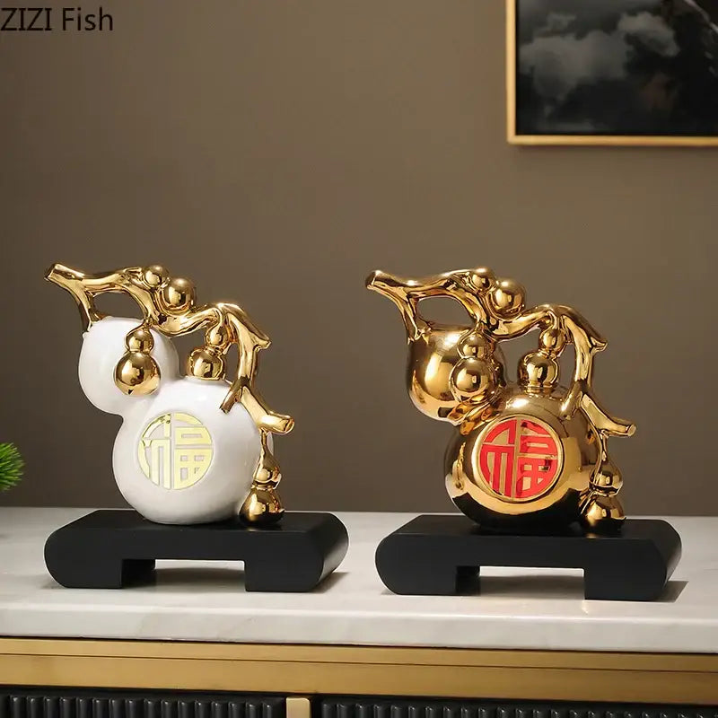 Modern white and orange golden gourd ceramic sculpture featuring decorbites golden gourd figurines for living room decor