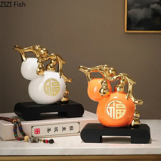 Modern white and orange golden gourd ceramic sculpture with gold accents and 福 design for living room decorbites decor